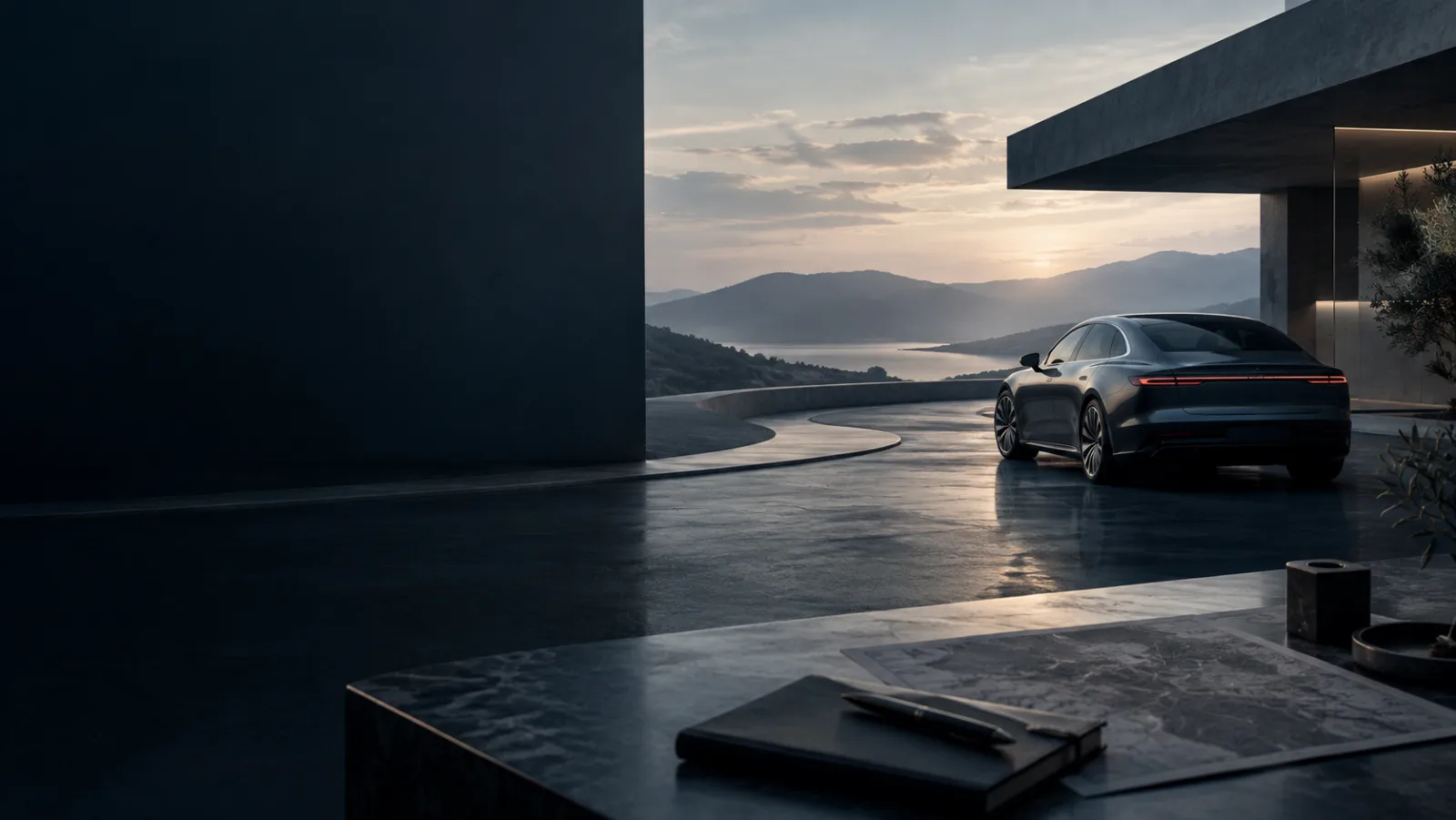 Abstract automotive portfolio image with an unbranded vehicle silhouette and roadway lines.