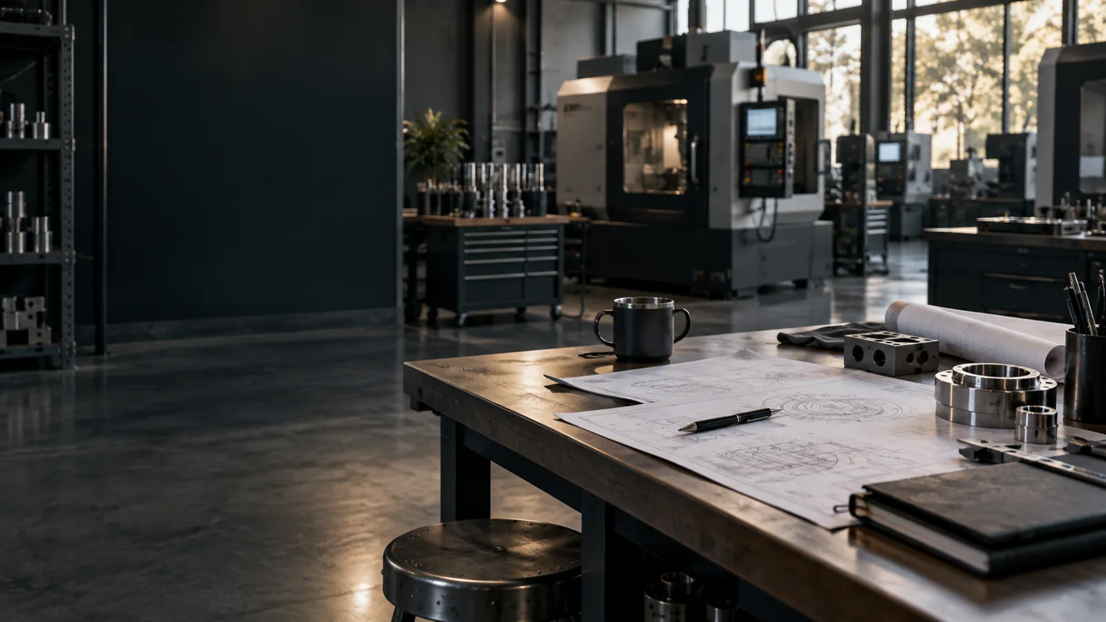 krixis-consulting-hero Modern manufacturing workspace with precision equipment and technical plans.